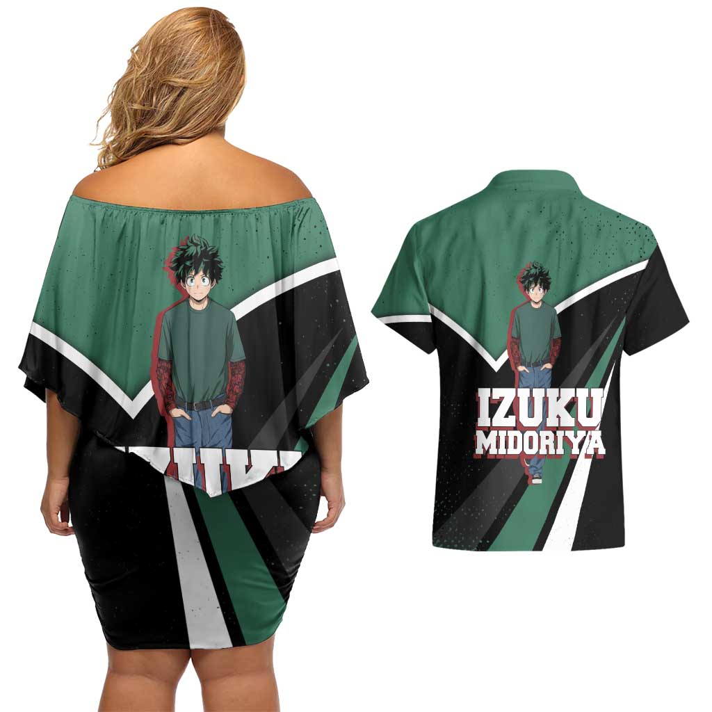 Izuku Midoriya My Hero Academia Couples Matching Off Shoulder Short Dress and Hawaiian Shirt Anime Grunge Splatter Graphic Style