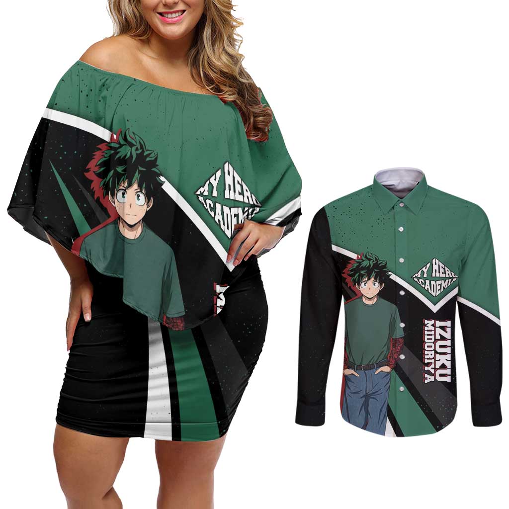 Izuku Midoriya My Hero Academia Couples Matching Off Shoulder Short Dress and Long Sleeve Button Shirt Anime Grunge Splatter Graphic Style