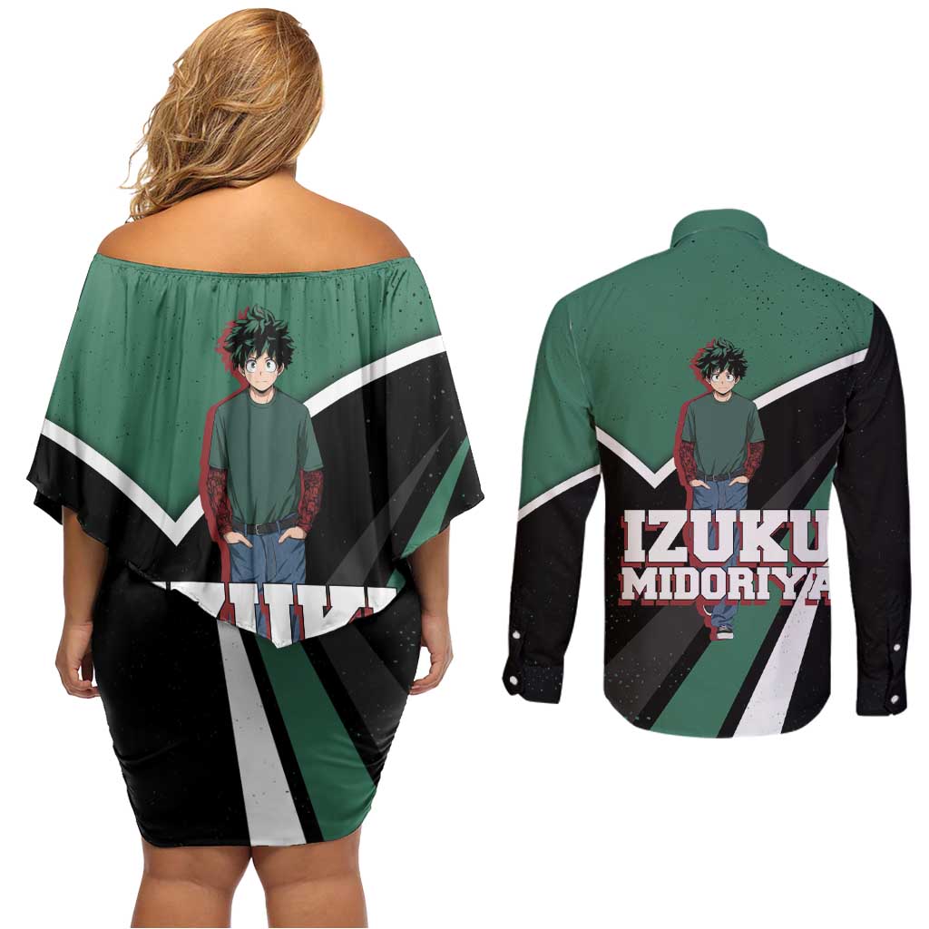Izuku Midoriya My Hero Academia Couples Matching Off Shoulder Short Dress and Long Sleeve Button Shirt Anime Grunge Splatter Graphic Style