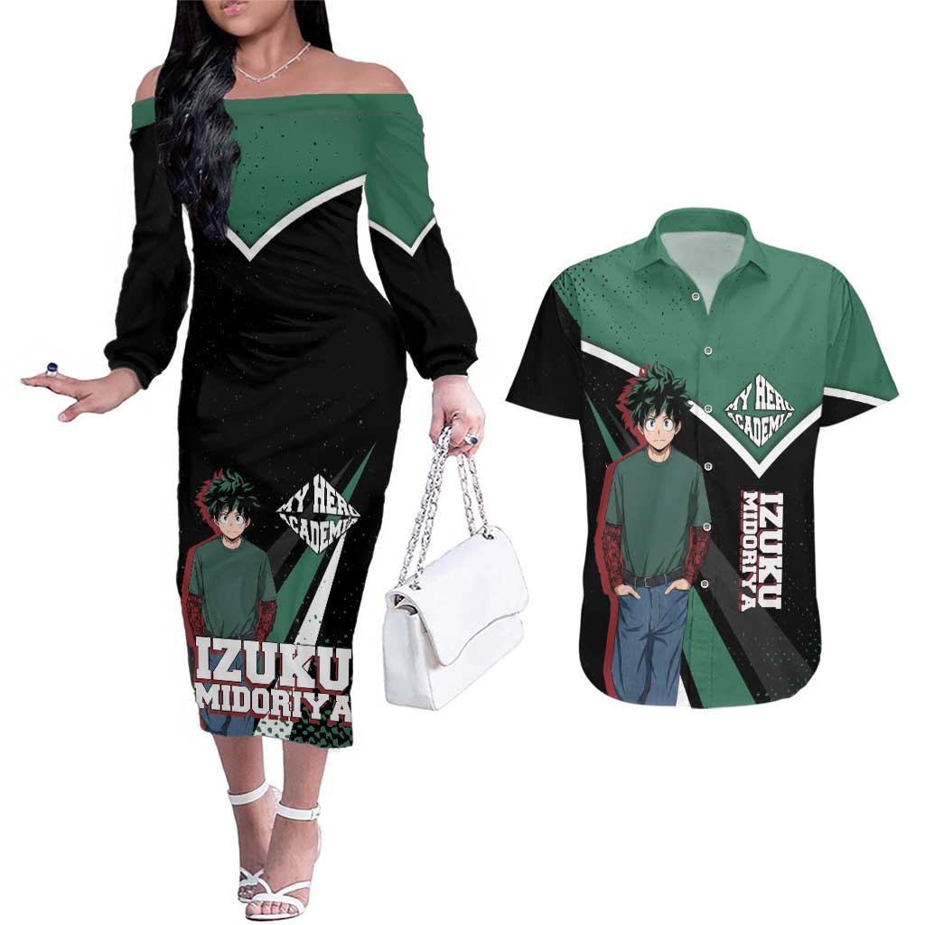 Izuku Midoriya My Hero Academia Couples Matching Off The Shoulder Long Sleeve Dress and Hawaiian Shirt Anime Grunge Splatter Graphic Style