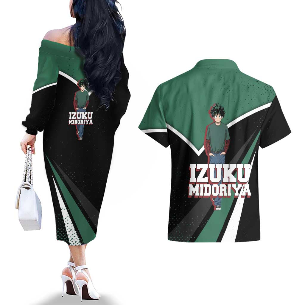 Izuku Midoriya My Hero Academia Couples Matching Off The Shoulder Long Sleeve Dress and Hawaiian Shirt Anime Grunge Splatter Graphic Style