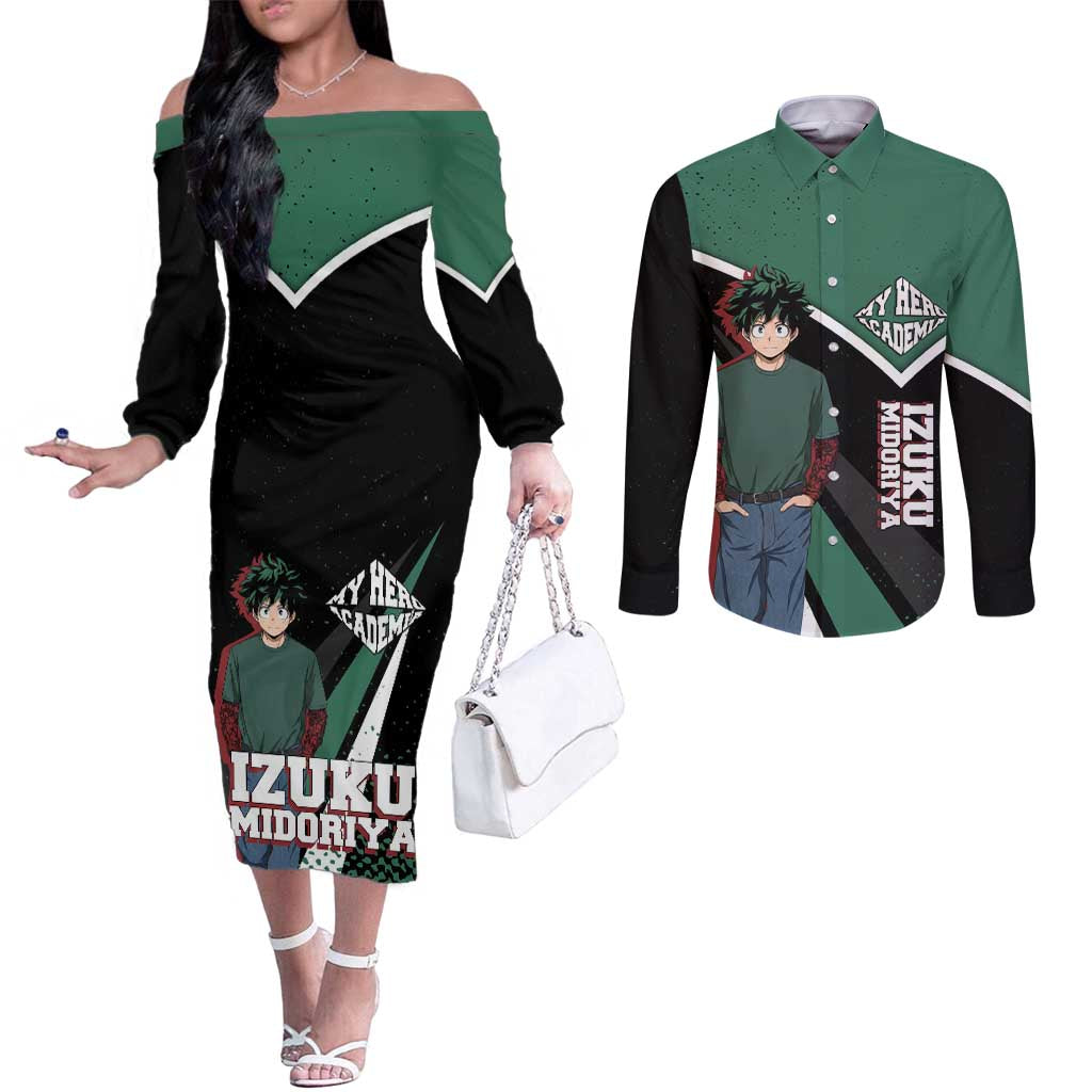 Izuku Midoriya My Hero Academia Couples Matching Off The Shoulder Long Sleeve Dress and Long Sleeve Button Shirt Anime Grunge Splatter Graphic Style
