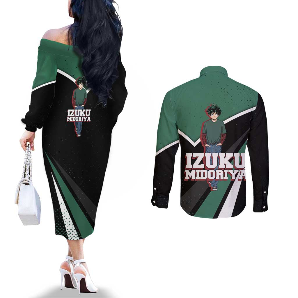 Izuku Midoriya My Hero Academia Couples Matching Off The Shoulder Long Sleeve Dress and Long Sleeve Button Shirt Anime Grunge Splatter Graphic Style