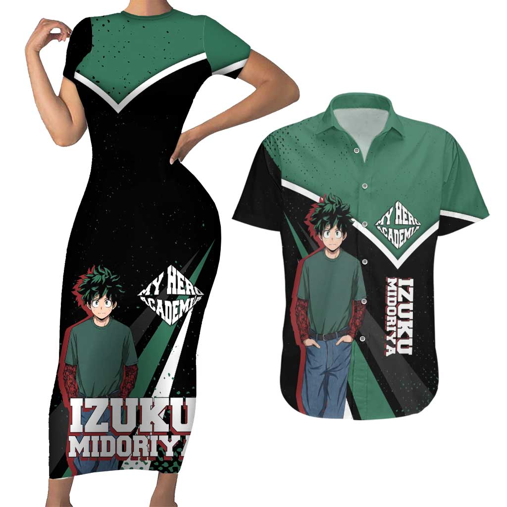 Izuku Midoriya My Hero Academia Couples Matching Short Sleeve Bodycon Dress and Hawaiian Shirt Anime Grunge Splatter Graphic Style