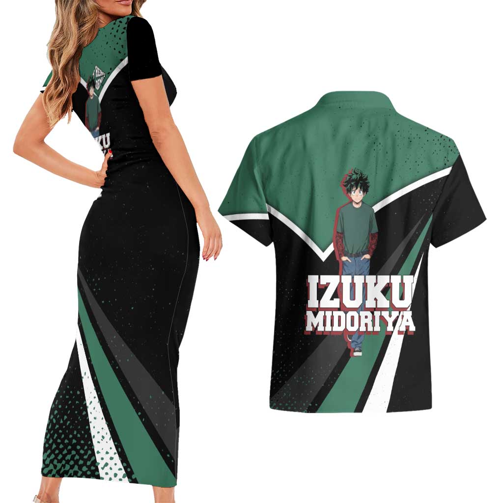 Izuku Midoriya My Hero Academia Couples Matching Short Sleeve Bodycon Dress and Hawaiian Shirt Anime Grunge Splatter Graphic Style