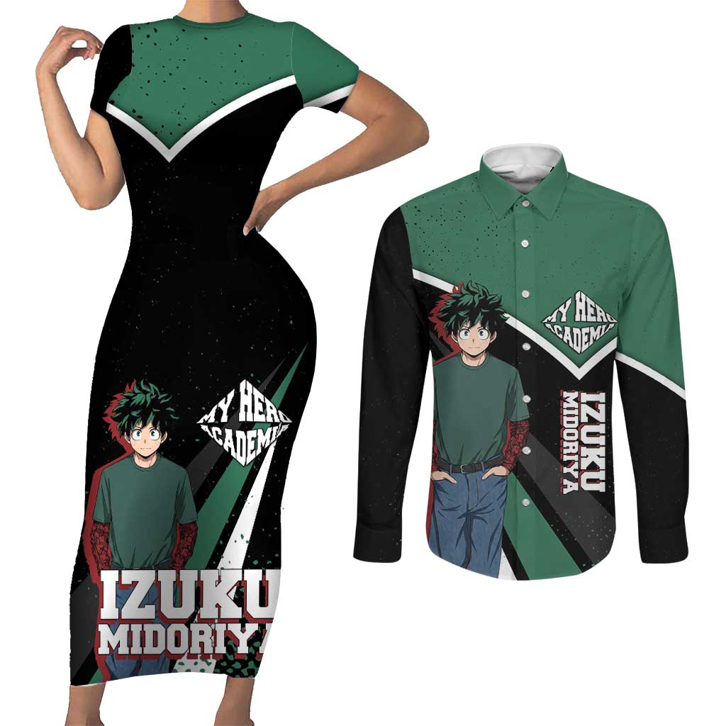 Izuku Midoriya My Hero Academia Couples Matching Short Sleeve Bodycon Dress and Long Sleeve Button Shirt Anime Grunge Splatter Graphic Style