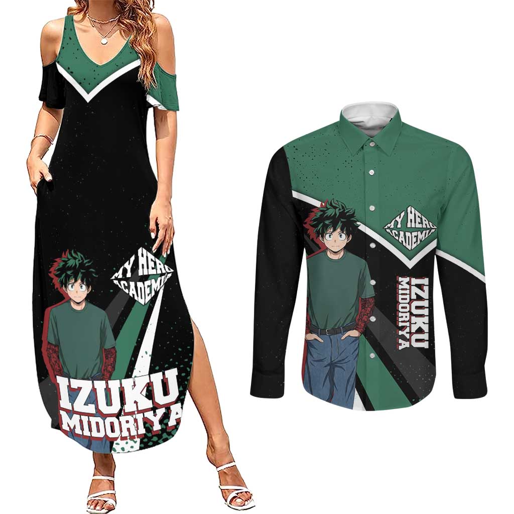 Izuku Midoriya My Hero Academia Couples Matching Summer Maxi Dress and Long Sleeve Button Shirt Anime Grunge Splatter Graphic Style