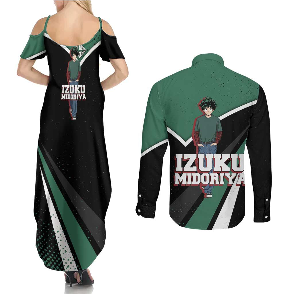 Izuku Midoriya My Hero Academia Couples Matching Summer Maxi Dress and Long Sleeve Button Shirt Anime Grunge Splatter Graphic Style