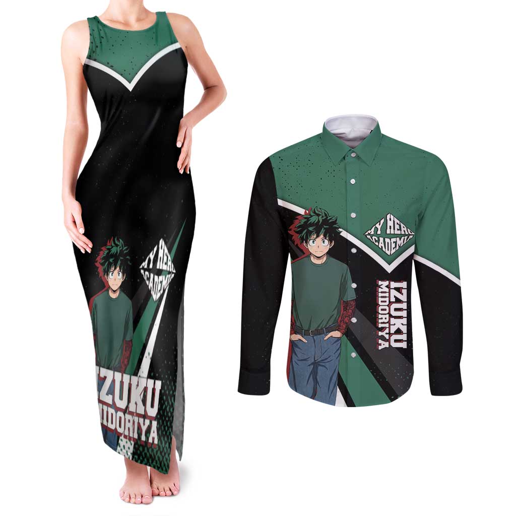 Izuku Midoriya My Hero Academia Couples Matching Tank Maxi Dress and Long Sleeve Button Shirt Anime Grunge Splatter Graphic Style