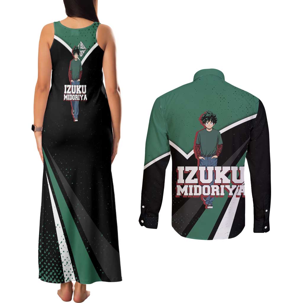 Izuku Midoriya My Hero Academia Couples Matching Tank Maxi Dress and Long Sleeve Button Shirt Anime Grunge Splatter Graphic Style