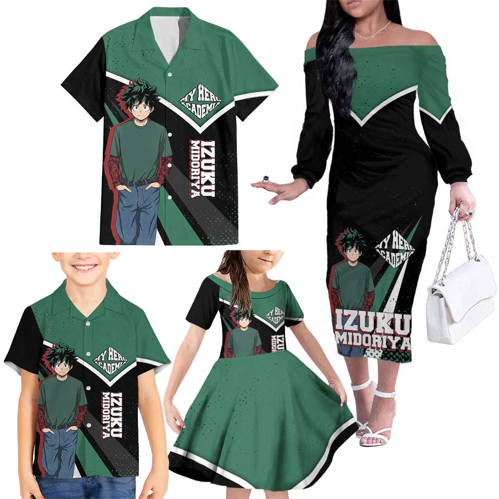 Izuku Midoriya My Hero Academia Family Matching Off The Shoulder Long Sleeve Dress and Hawaiian Shirt Anime Grunge Splatter Graphic Style