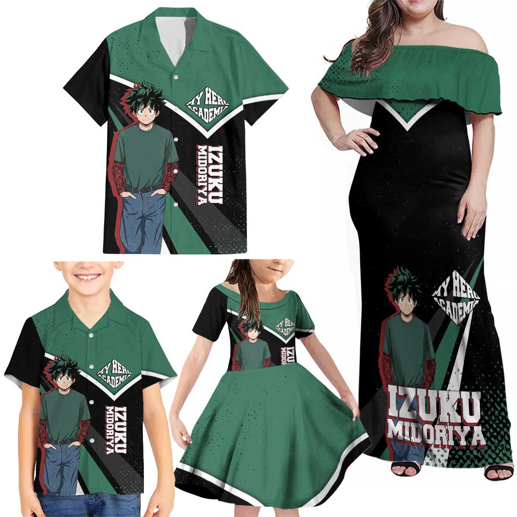 Izuku Midoriya My Hero Academia Family Matching Off Shoulder Maxi Dress and Hawaiian Shirt Anime Grunge Splatter Graphic Style