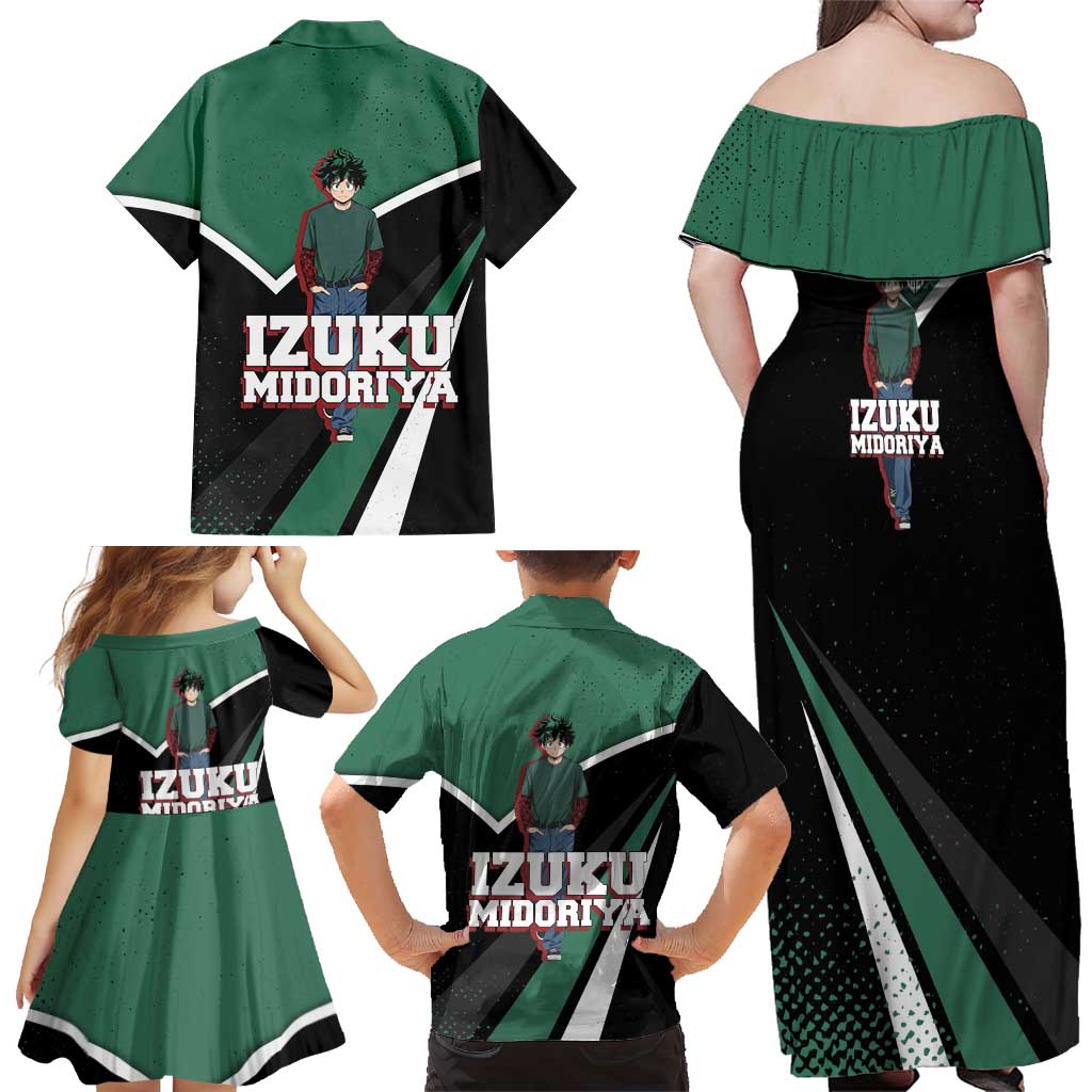 Izuku Midoriya My Hero Academia Family Matching Off Shoulder Maxi Dress and Hawaiian Shirt Anime Grunge Splatter Graphic Style