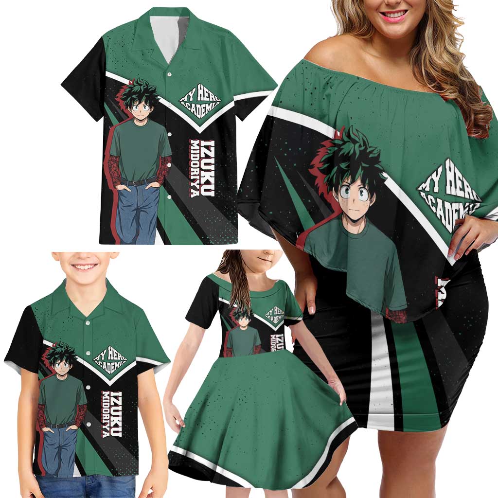 Izuku Midoriya My Hero Academia Family Matching Off Shoulder Short Dress and Hawaiian Shirt Anime Grunge Splatter Graphic Style