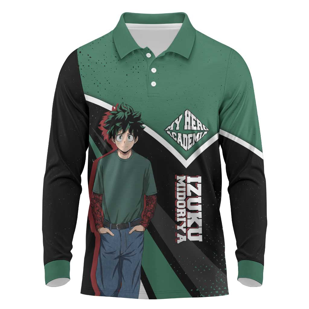 Izuku Midoriya My Hero Academia Long Sleeve Polo Shirt Anime Grunge Splatter Graphic Style