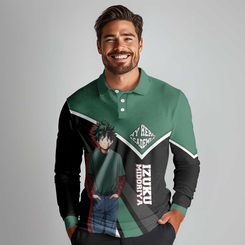 Izuku Midoriya My Hero Academia Long Sleeve Polo Shirt Anime Grunge Splatter Graphic Style