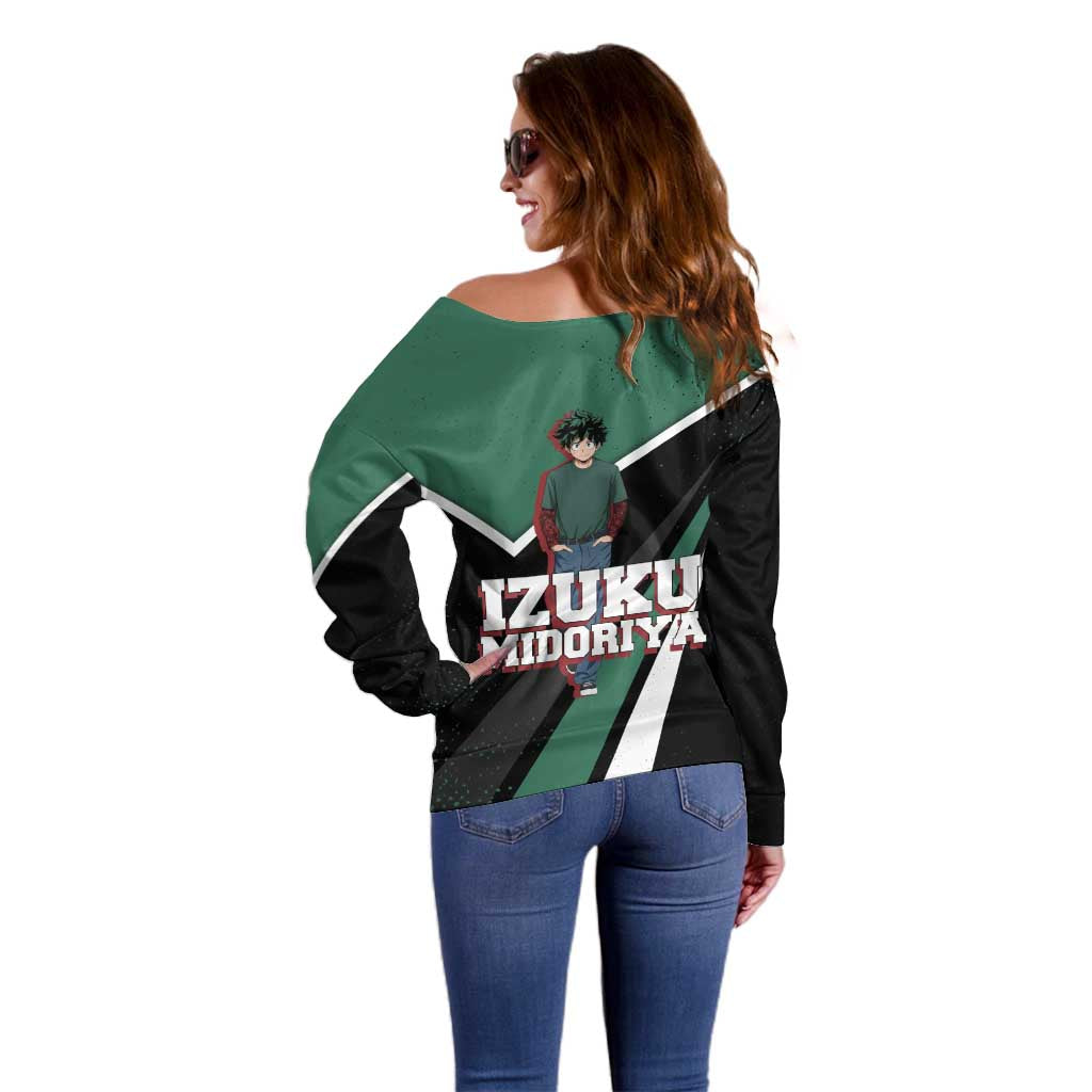 Izuku Midoriya My Hero Academia Off Shoulder Sweater Anime Grunge Splatter Graphic Style