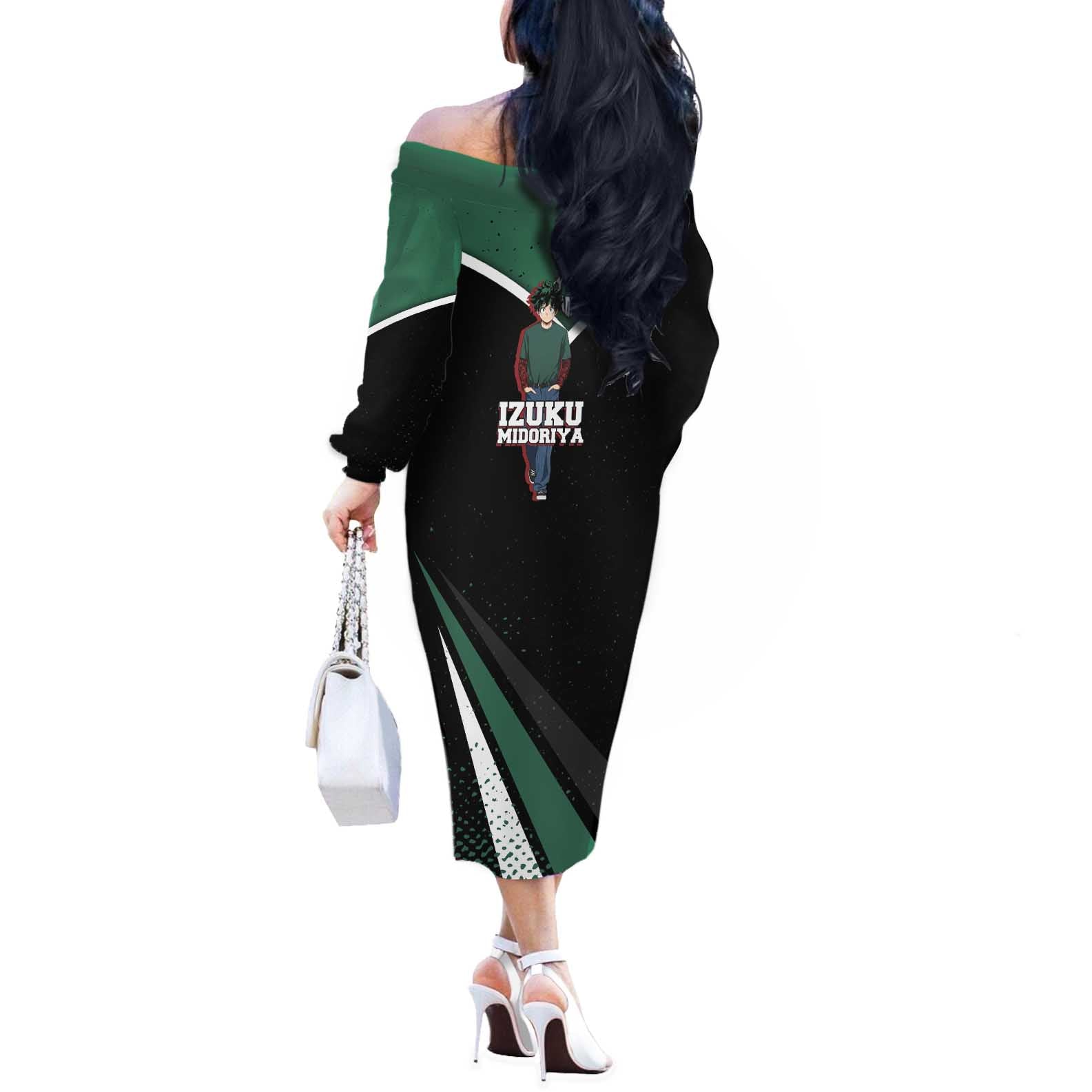 Izuku Midoriya My Hero Academia Off The Shoulder Long Sleeve Dress Anime Grunge Splatter Graphic Style