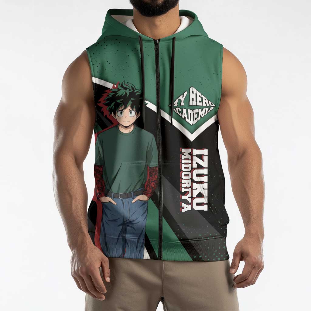 Izuku Midoriya My Hero Academia Sleeveless Zip Hoodie Anime Grunge Splatter Graphic Style