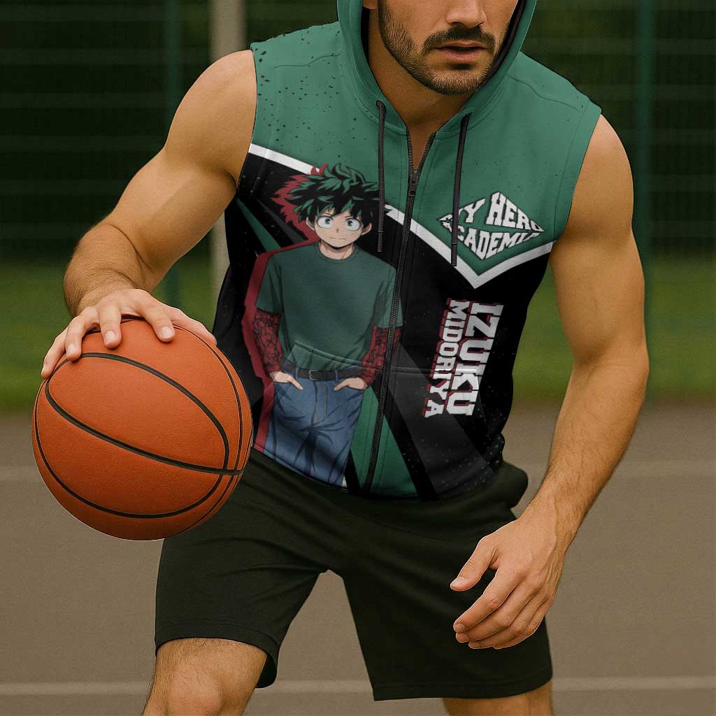 Izuku Midoriya My Hero Academia Sleeveless Zip Hoodie Anime Grunge Splatter Graphic Style