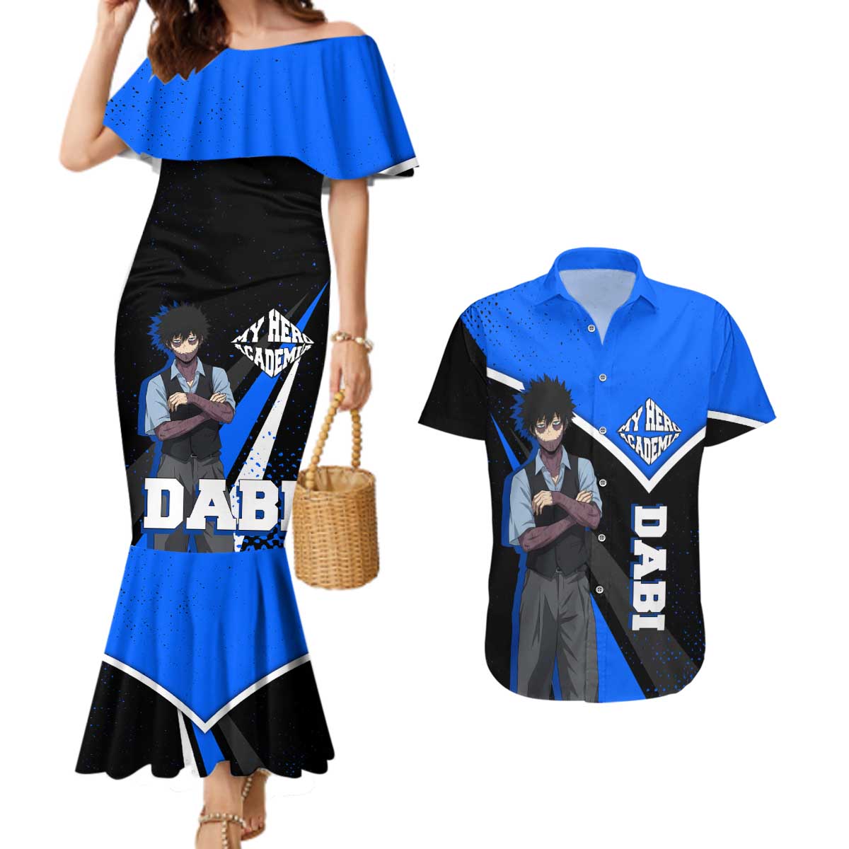 Dabi My Hero Academia Couples Matching Mermaid Dress and Hawaiian Shirt Anime Grunge Splatter Graphic Style