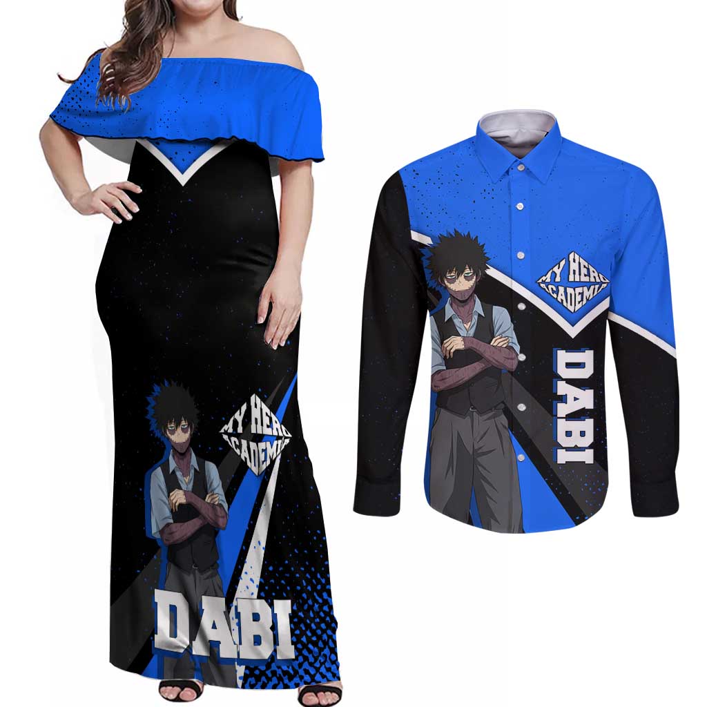 Dabi My Hero Academia Couples Matching Off Shoulder Maxi Dress and Long Sleeve Button Shirt Anime Grunge Splatter Graphic Style