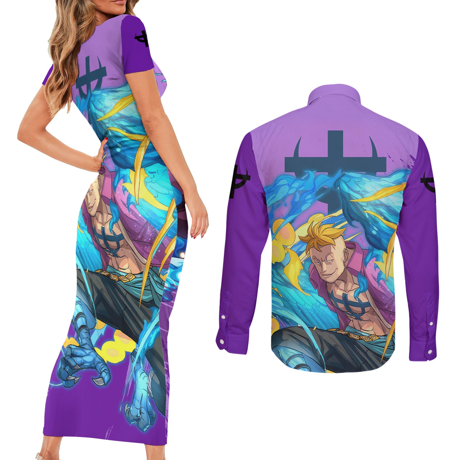 Marco Couples Matching Short Sleeve Bodycon Dress and Long Sleeve Button Shirt One Piece