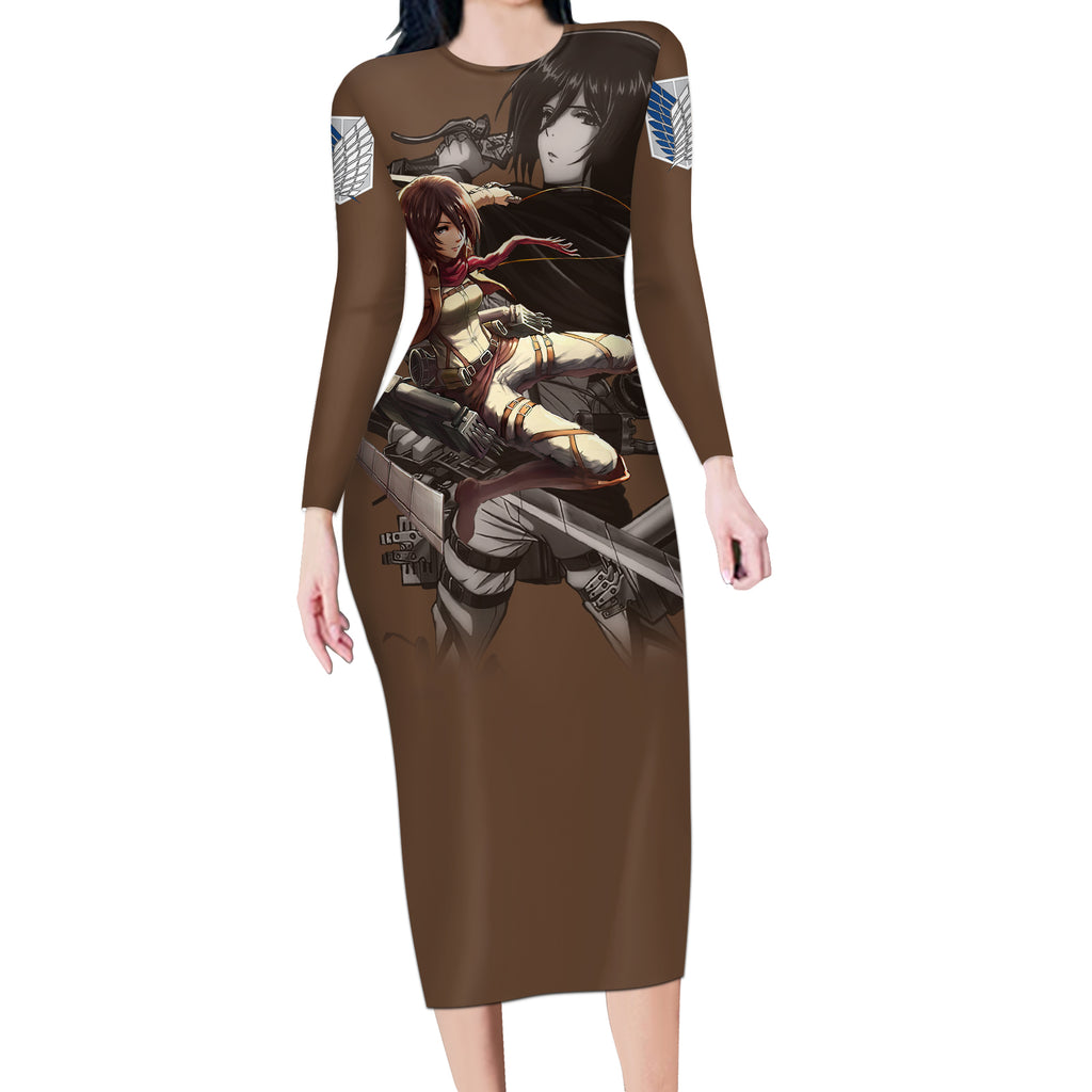 Mikasa Ackerman Long Sleeve Bodycon Dress Attack On Tittan
