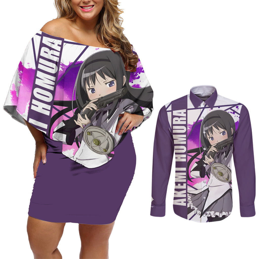 Puella Magi Madoka Magica Couples Matching Off Shoulder Short Dress and Long Sleeve Button Shirt Akemi Homura