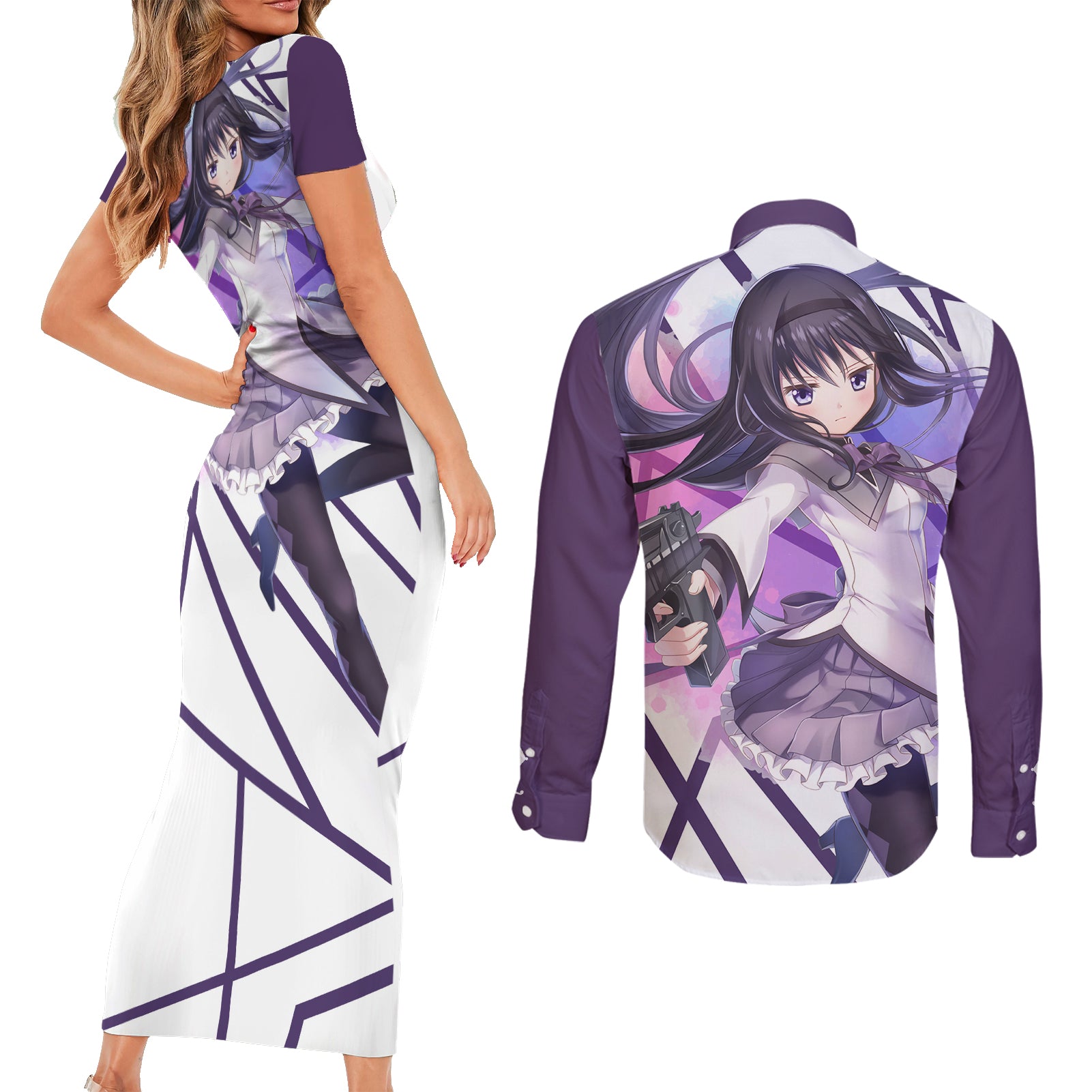 Puella Magi Madoka Magica Couples Matching Short Sleeve Bodycon Dress and Long Sleeve Button Shirt Akemi Homura
