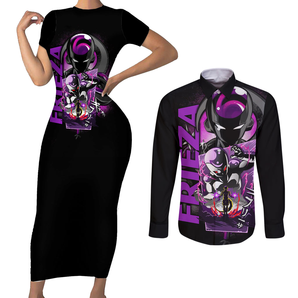 Frieza Dragon Ball Couples Matching Short Sleeve Bodycon Dress and Long Sleeve Button Shirt Anime Mix Text Pattern Abstract Style