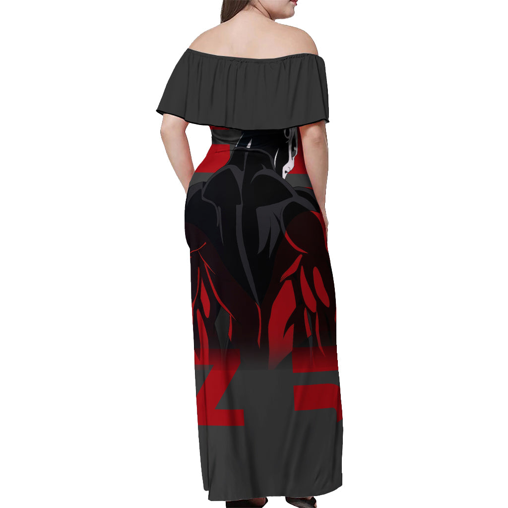 Jiren Dragon Ball Off Shoulder Maxi Dress Anime Mix Text Pattern Abstract Style