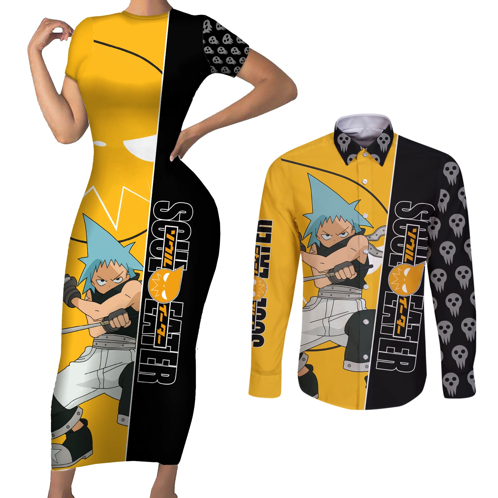 Black Star Soul Eater Couples Matching Short Sleeve Bodycon Dress and Long Sleeve Button Shirt Anime Art Mix With Skull Pattern Style