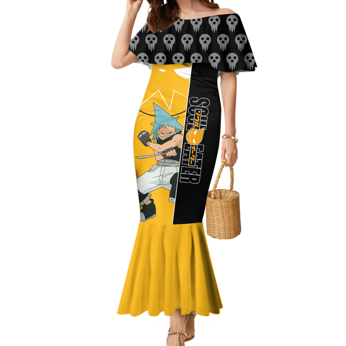 Black Star Soul Eater Mermaid Dress Anime Art Mix With Skull Pattern Style