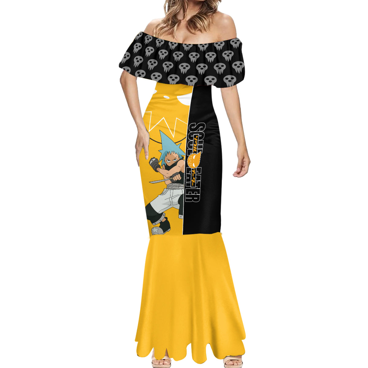 Black Star Soul Eater Mermaid Dress Anime Art Mix With Skull Pattern Style