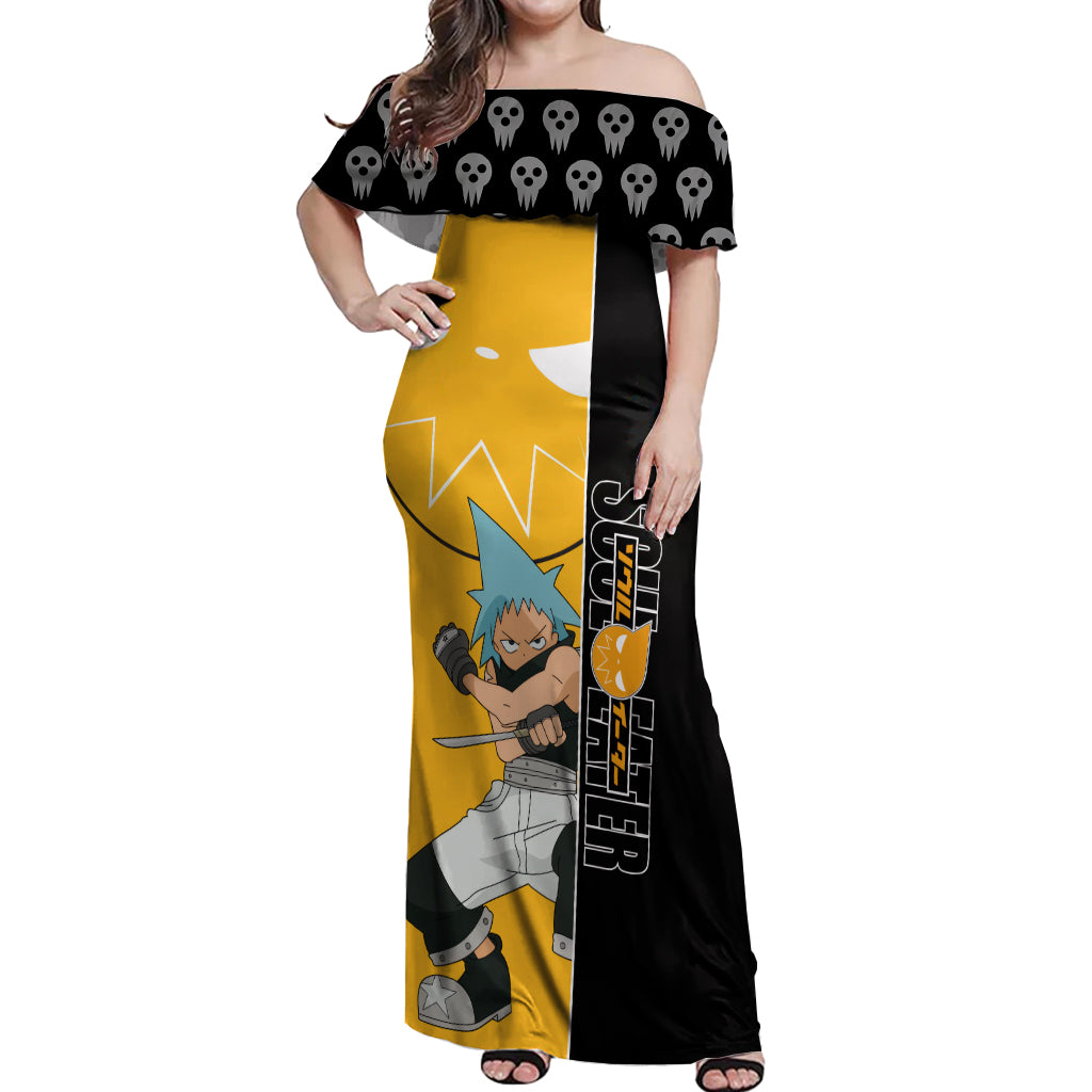 Black Star Soul Eater Off Shoulder Maxi Dress Anime Art Mix With Skull Pattern Style