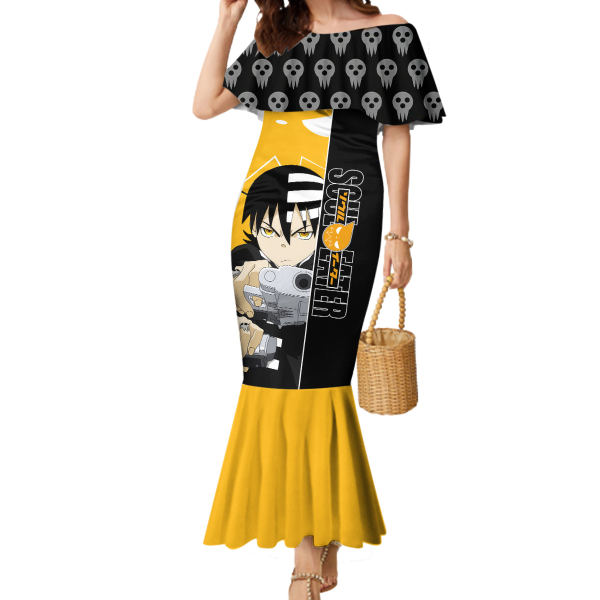 Death the Kid Soul Eater Mermaid Dress Anime Art Mix With Skull Pattern Style