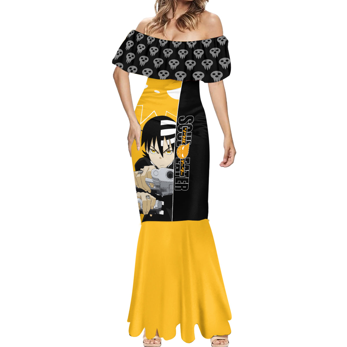 Death the Kid Soul Eater Mermaid Dress Anime Art Mix With Skull Pattern Style