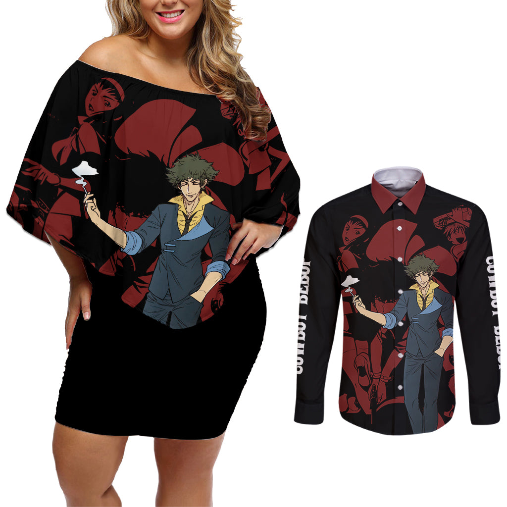 Bebop - Cowboy Bebop Couples Matching Off Shoulder Short Dress and Long Sleeve Button Shirt Anime Mix Manga Style