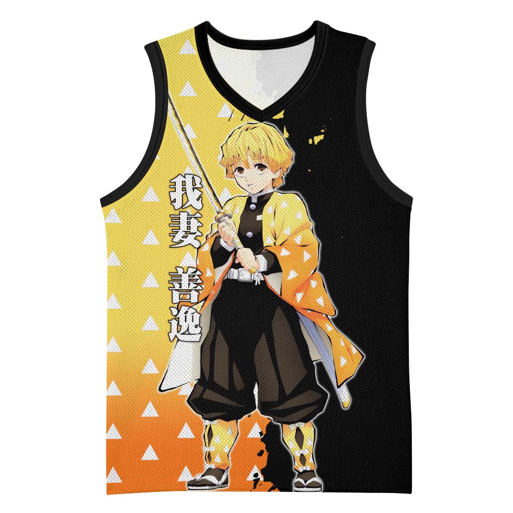 Zenitsu Agatsuma from Demon Slayer Basketball Jersey with Yellow Lightning Kimono and Thunder Effects Design - The Mazicc