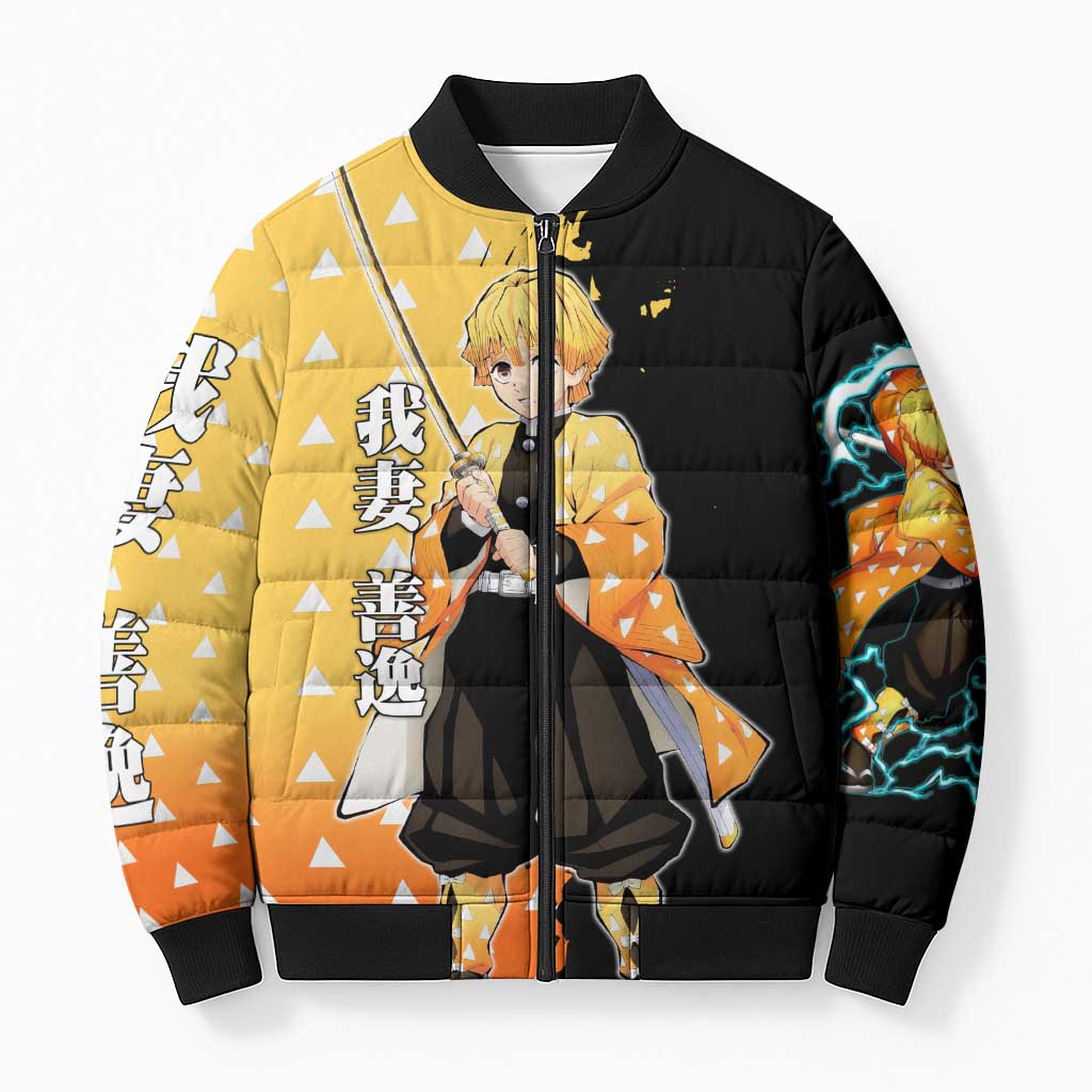 Zenitsu Agatsuma from Demon Slayer Bomber Puffer Jacket with Yellow Lightning Kimono and Thunder Effects Design - The Mazicc