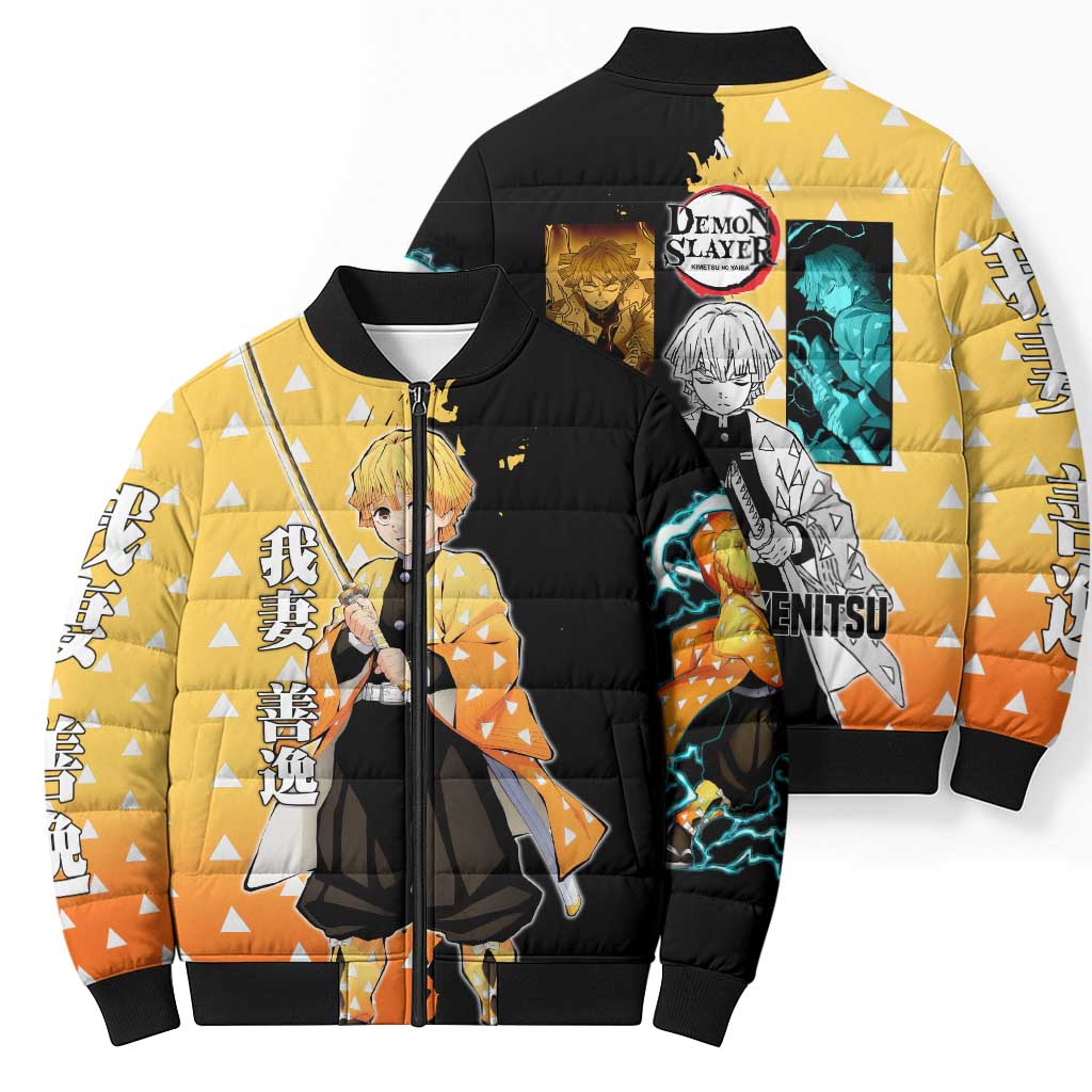 Zenitsu Agatsuma from Demon Slayer Bomber Puffer Jacket with Yellow Lightning Kimono and Thunder Effects Design - The Mazicc