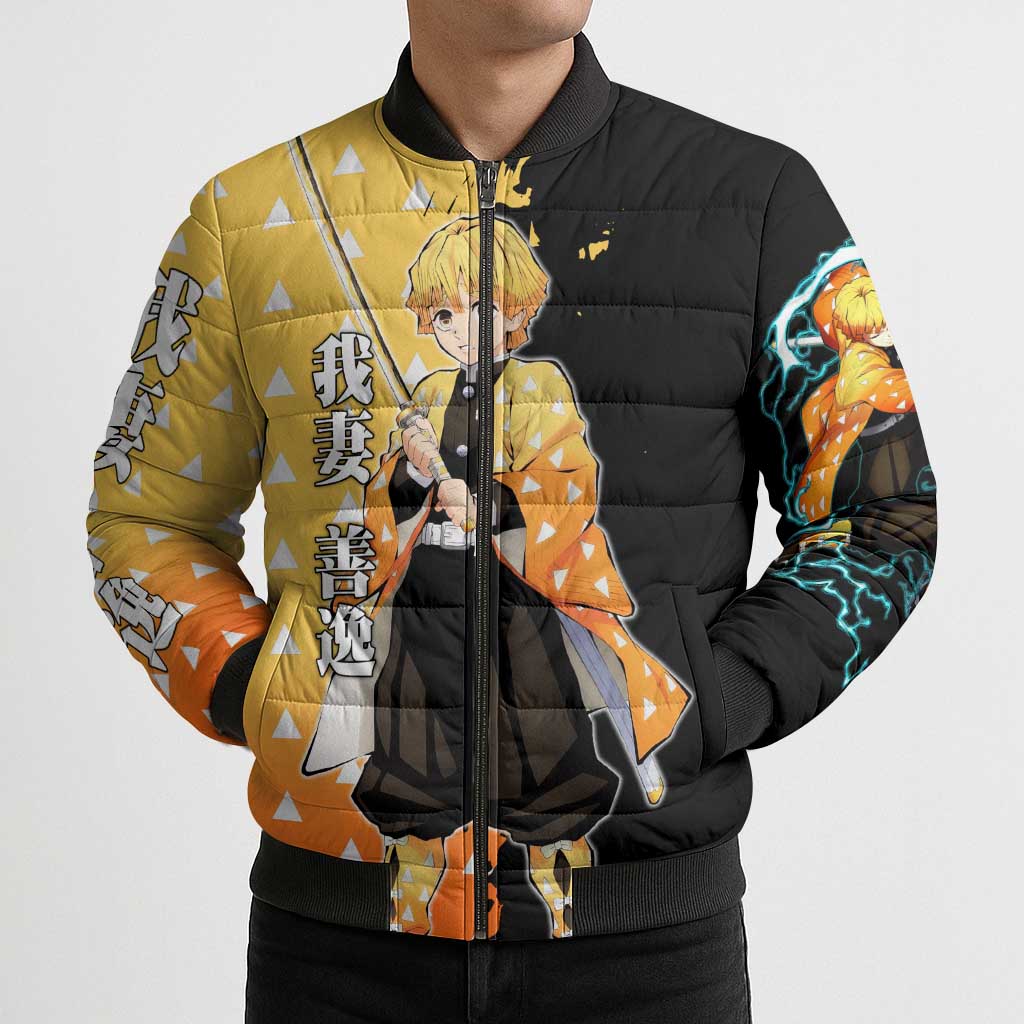 Zenitsu Agatsuma from Demon Slayer Bomber Puffer Jacket with Yellow Lightning Kimono and Thunder Effects Design - The Mazicc
