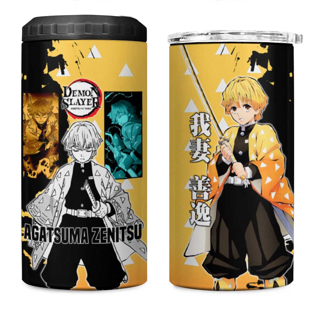 Zenitsu Agatsuma from Demon Slayer 4 in 1 Can Cooler Tumbler with Yellow Lightning Kimono and Thunder Effects Design - The Mazicc