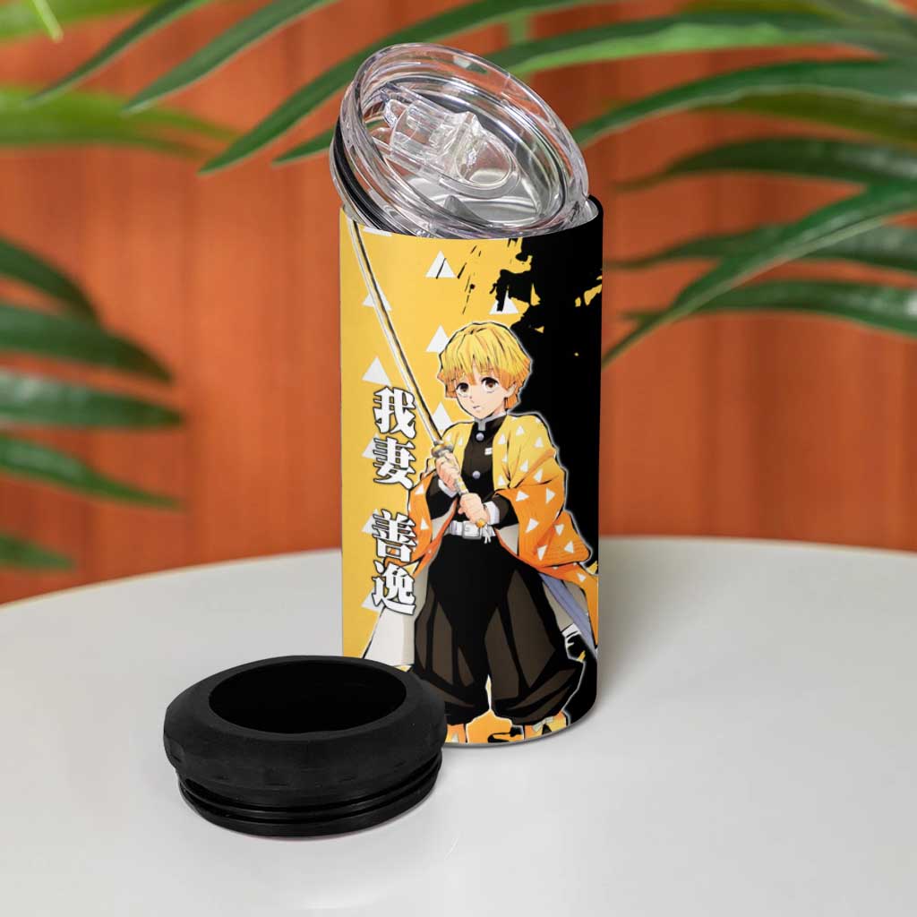 Zenitsu Agatsuma from Demon Slayer 4 in 1 Can Cooler Tumbler with Yellow Lightning Kimono and Thunder Effects Design - The Mazicc