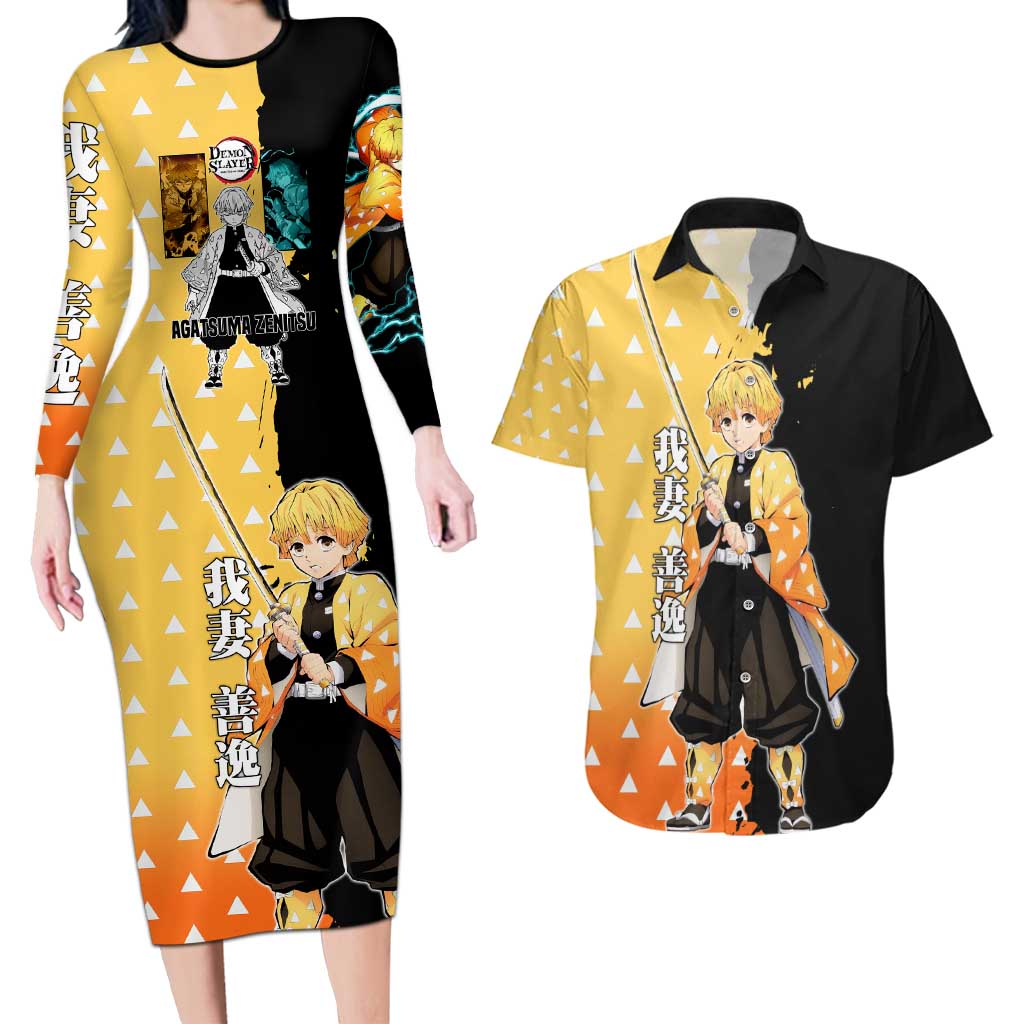 Zenitsu Agatsuma from Demon Slayer Couples Matching Long Sleeve Bodycon Dress and Hawaiian Shirt with Yellow Lightning Kimono and Thunder Effects Design - The Mazicc