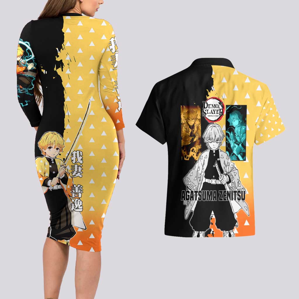 Zenitsu Agatsuma from Demon Slayer Couples Matching Long Sleeve Bodycon Dress and Hawaiian Shirt with Yellow Lightning Kimono and Thunder Effects Design - The Mazicc