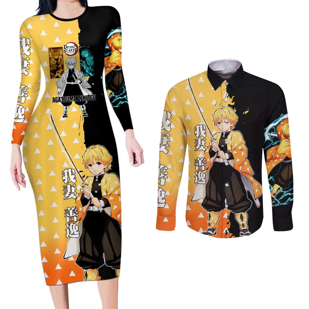 Zenitsu Agatsuma from Demon Slayer Couples Matching Long Sleeve Bodycon Dress and Long Sleeve Button Shirt with Yellow Lightning Kimono and Thunder Effects Design - The Mazicc