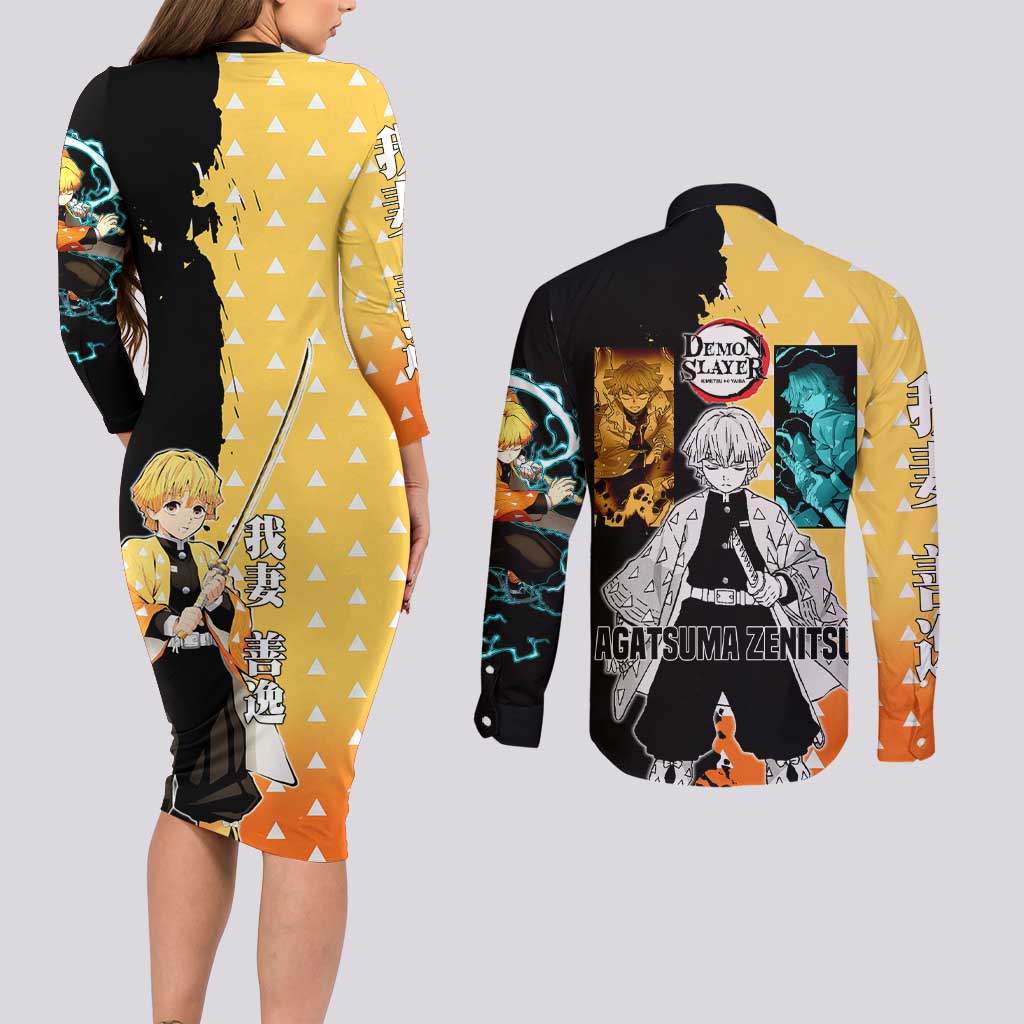 Zenitsu Agatsuma from Demon Slayer Couples Matching Long Sleeve Bodycon Dress and Long Sleeve Button Shirt with Yellow Lightning Kimono and Thunder Effects Design - The Mazicc
