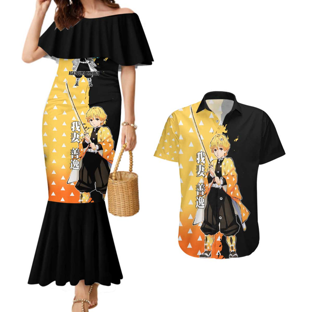 Zenitsu Agatsuma from Demon Slayer Couples Matching Mermaid Dress and Hawaiian Shirt with Yellow Lightning Kimono and Thunder Effects Design - The Mazicc